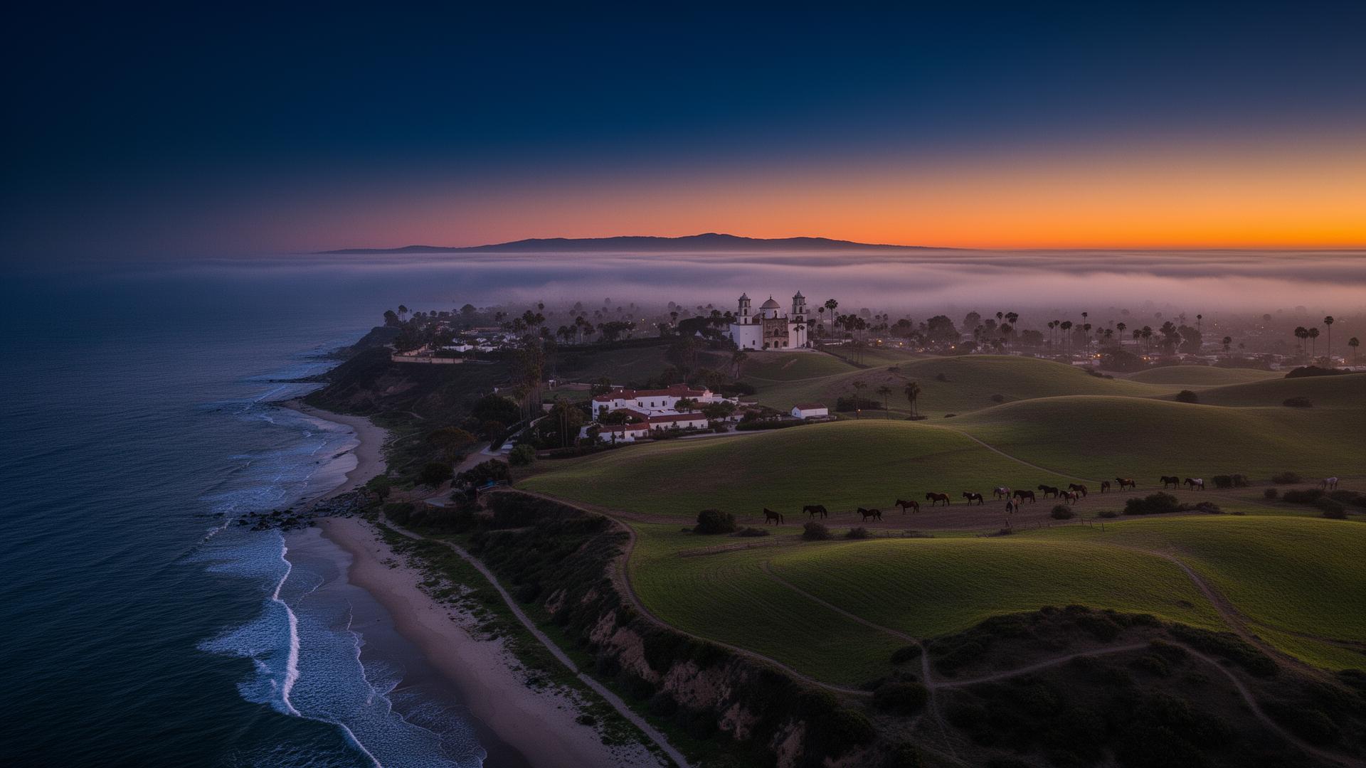 Aerial twilight view of San Juan Capistrano coastline and equestrian hills