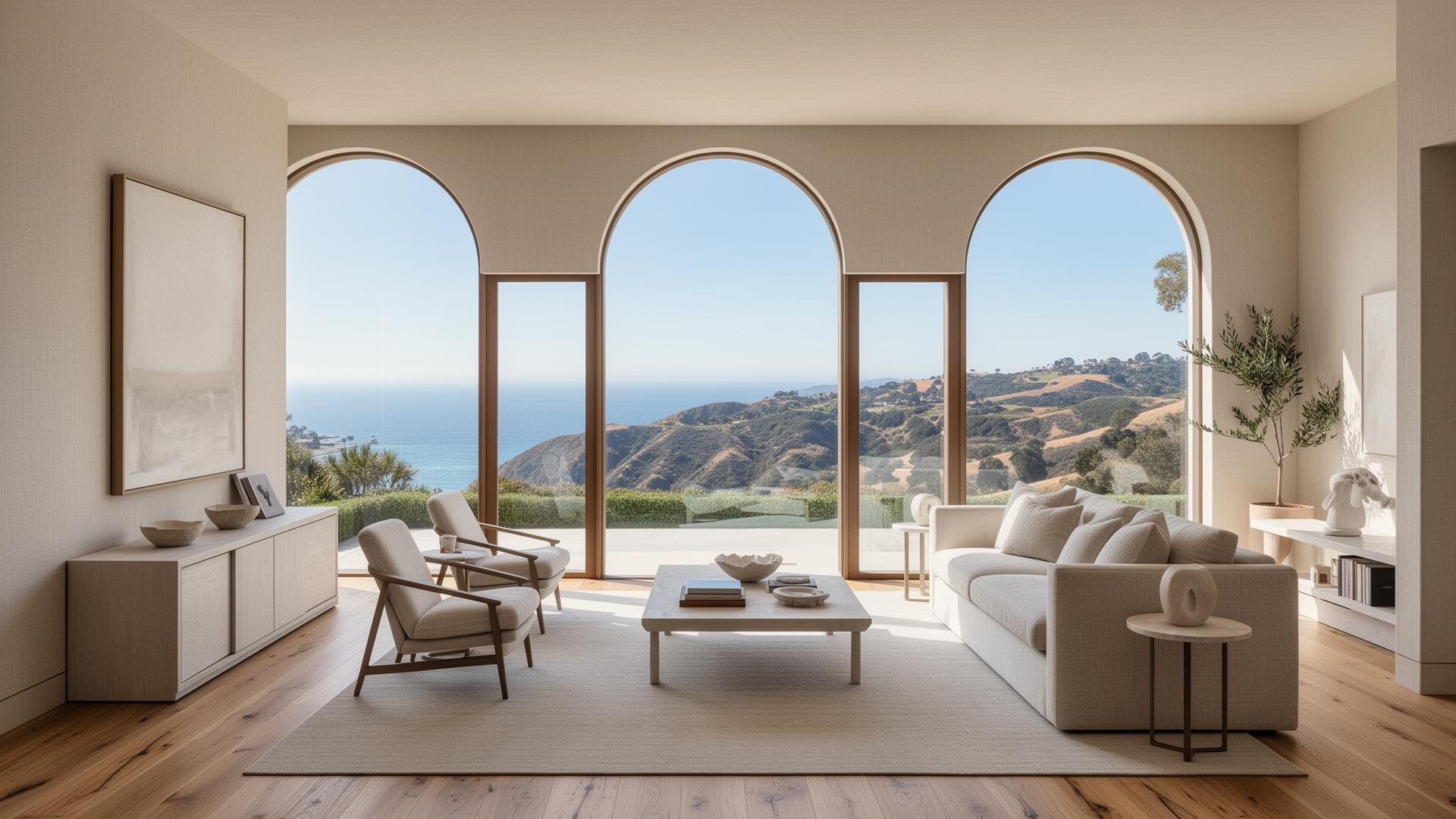 Bright minimalist coastal interior with arched windows
